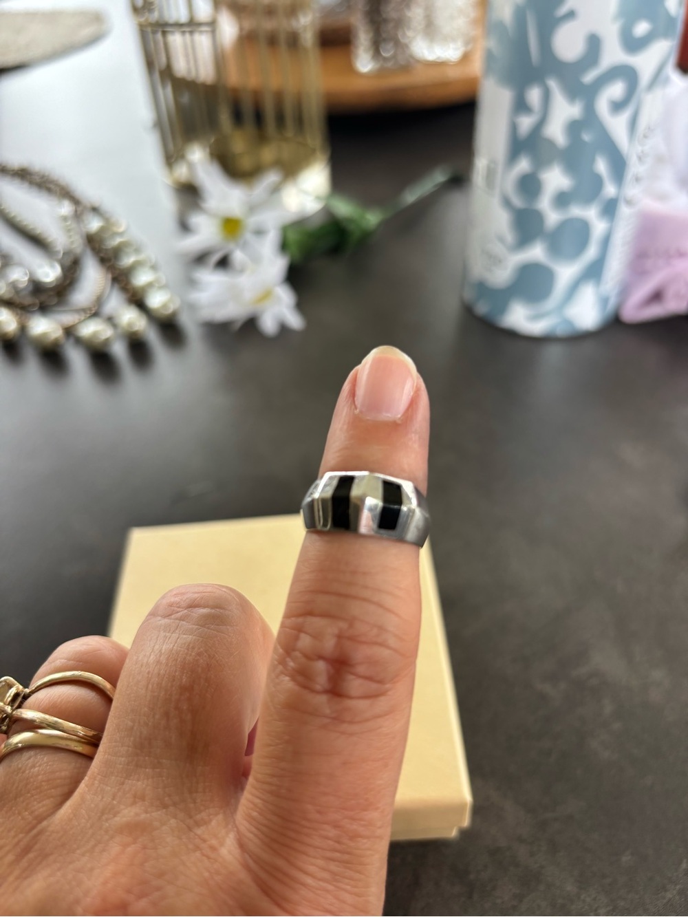 Sterling Silver Black Inlay Dome Ring - Modern Women's Band